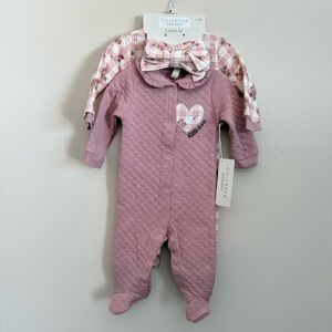 NWT Pack Of 2 Chickpea Organic Baby Girls Footsies One-Piece Pink w Headband 3M